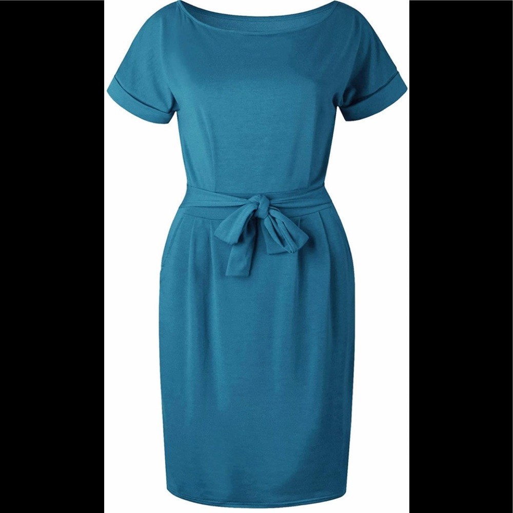 Cotton, Dark Cyan Knee High, Pencil Dress with Belt On Waist, Size Medium